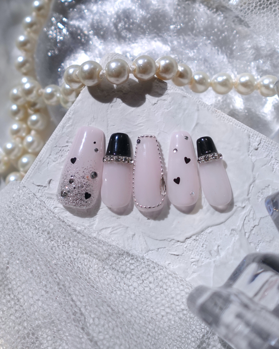 【NEW】ガーリーベーシック/キラキラ/フレンチガーリー/ピンクネイル/ハートネイル/シンプルネイル/ミディアムバレリーナ/ネイルチップ