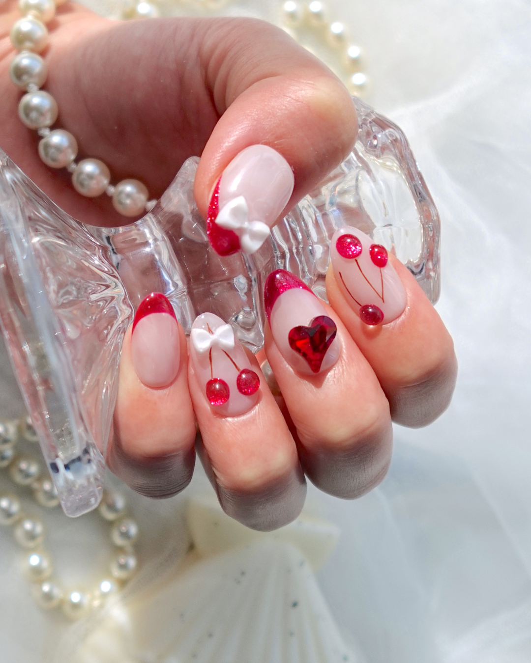 09)) マグネットネイル フレンチガーリー ネイルチップ ハート 韓国ネイル